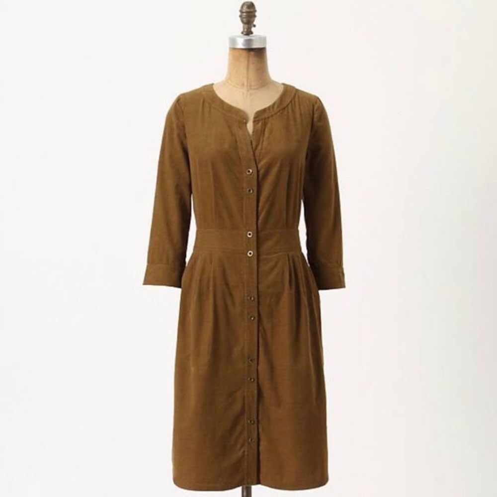 Maeve Anthropologie Womens Brown Button Down Textured Corduroy Dress